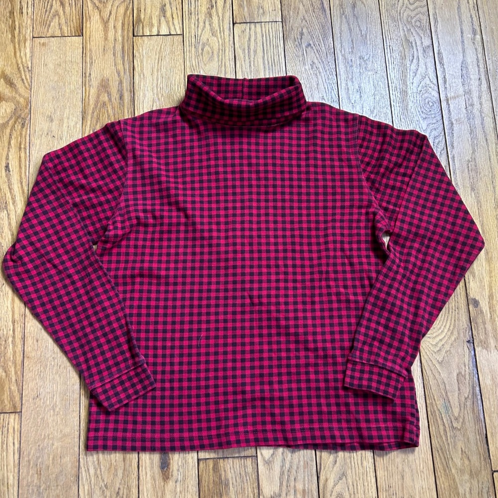 St Johns Bay Petite Medium Red Black Buffalo Check Plaid Turtleneck Top Long Slv